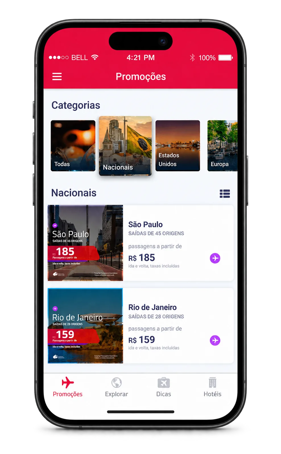 Aplicativo Passagens Imperdíveis criado pela Cubo333