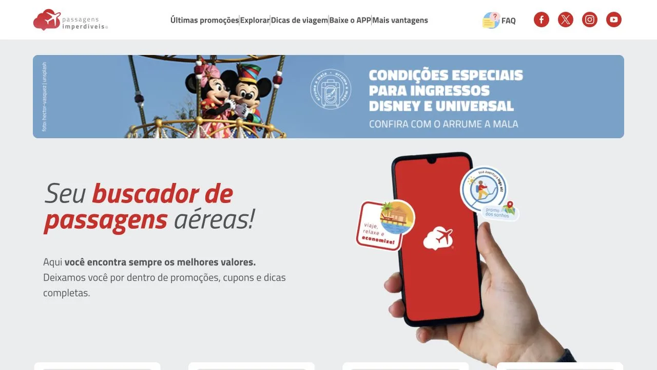 Site do Passagens Imperdíveis criado pela Cubo333